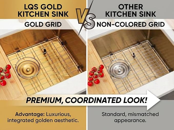 LQS Gold Kitchen Sink, 32 Inch Gold Undermount Kitchen Sink, 32” x 19" Stainless Steel 16 Gauge Kitchen Sinks with Pratical Accessories For Luxury Kitchens, Round Corner and X Drain Line