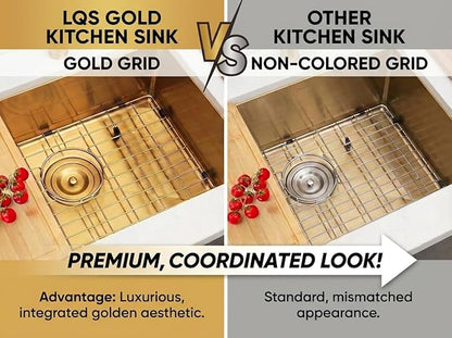 LQS Gold Kitchen Sink, 32 Inch Gold Undermount Kitchen Sink, 32” x 19" Stainless Steel 16 Gauge Kitchen Sinks with Pratical Accessories For Luxury Kitchens, Round Corner and X Drain Line