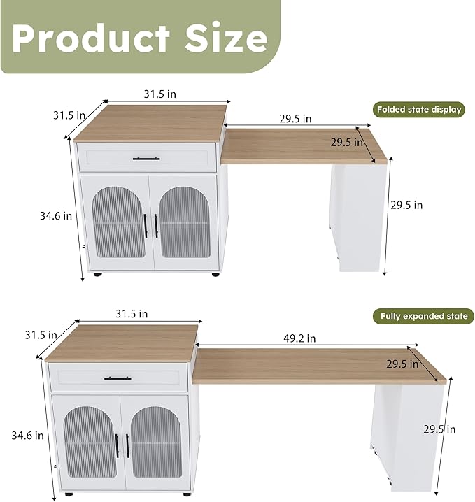 SOFTSEA Extendable Dining Table with Drawer & Shelves, 31.5" to 80" Mobile Kitchen Island Table with USB Ports, Foldable Kitchen Cabinet for Dining Room Living Room, White