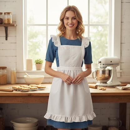 Geyoga Aprons for Women with Pockets Kitchen Cooking Waitress Maid Apron Vintage Skirt Cute Ruffle Dress Costume(White,Long Style)