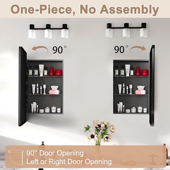 16x27.5 Medicine Cabinet with Mirror, Fully Assembled Recessed or Wall-Mounted Bathroom Mirrored Cabinet with Adjustable Storage Shelves for Vanity, Metal, Black