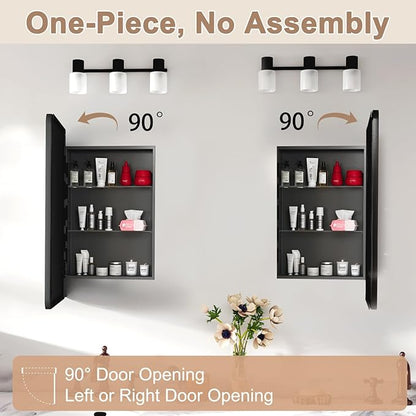 16x27.5 Medicine Cabinet with Mirror, Fully Assembled Recessed or Wall-Mounted Bathroom Mirrored Cabinet with Adjustable Storage Shelves for Vanity, Metal, Black