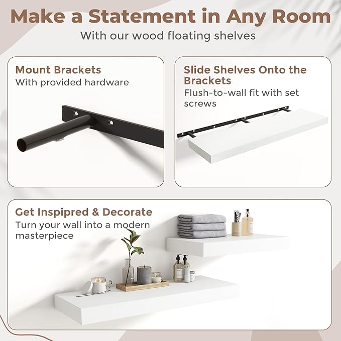 Marsmiles 12" Deep Floating Shelves for Wall with Invisible Brackets, Wall Mounted Engineered Wood Shelves with Wood Grain for Living Room, Bedroom, Kitchen Decor and Storage, 48" L Set of 1, White