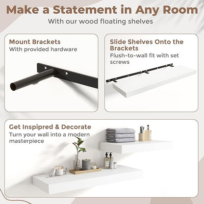 Marsmiles 12" Deep Floating Shelves for Wall with Invisible Brackets, Wall Mounted Engineered Wood Shelves with Wood Grain for Living Room, Bedroom, Kitchen Decor and Storage, 48" L Set of 1, White