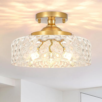 Gold Semi Flush Mount Ceiling Light, 3-Light Ceiling Light with Hammered Glass, Vintage Hallway Lights, Brass Closet Light Fixture, Kitchen Flush Ceiling Mount for Entryway Bedroom Bathroom,E12