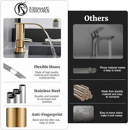 Ultimate Unicorn Bathroom Faucet for Sink Champagne Bronze, 4 Inch Bathroom Faucet for 3 Hole or 2 Hole, 2 Handle Waterfall Faucets with Pop up Drain, Centerset Faucets for RV Counter