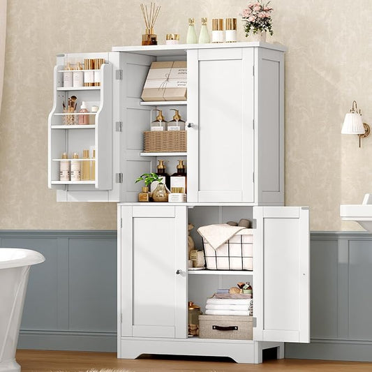 TEENFON 51" H Pantry Cabinet with 4 Doors, Kitchen Cabinet with 6 Door Shelves, Storage Cabinet for Living Room, Dining Room, Bathroom, White