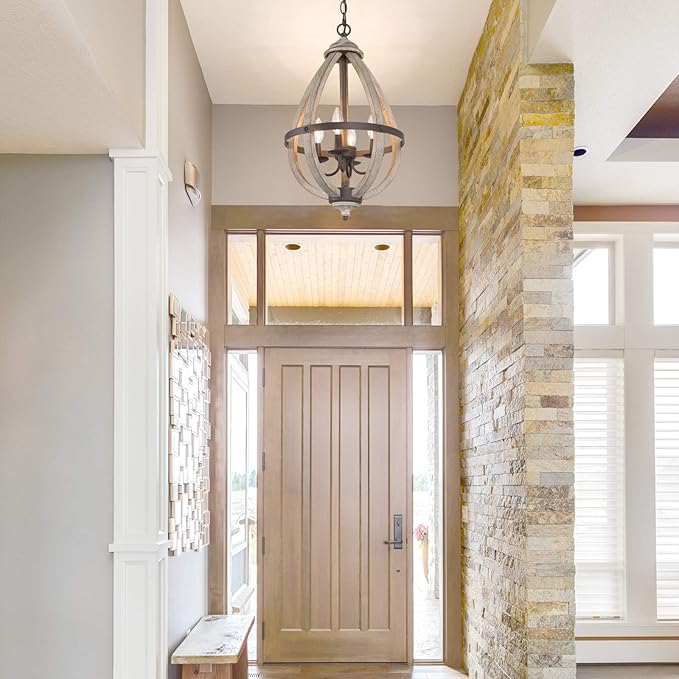 Farmhouse Chandelier, Orb Wood Chandelier, 4-Light Entryway Foyer Lighting with Hand-Brushed Rust Metal Finish, Brown