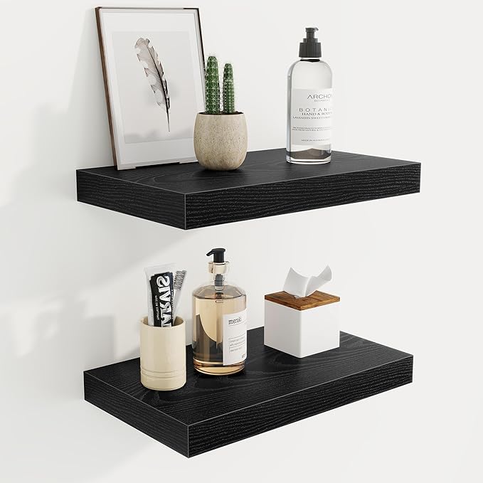 Acovy 16 Inch Floating Shelves, 9.3" Deep Floating Shelf Wall Mounted, 16" Wall Shelves, Rustic Deep Bookshelf, Large Display Shelves & Storage Shelves for Bedroom, Living Room, Black, Set of 2