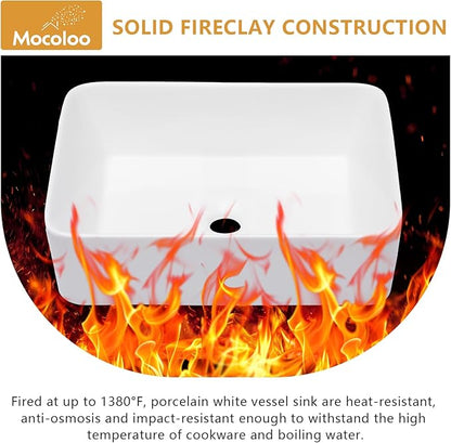 Mocoloo Rectangle Vessel Sink 19"x15" Ceramic Bathroom Sinks White Porcelain Lavatory Small Vanity Sink Basin without Overflow Drain Above Countertop Installation
