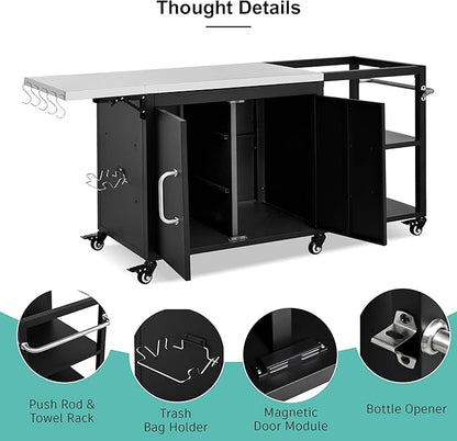 Outdoor Kitchen Island with Storage Cabinet and Adjustable Shelves, Kitchen Island Stainless Steel Top Drop Leaf for Large Big Green Egg, Rolling Cart on Wheels with Hooks & Bottle Opener Grey Blue