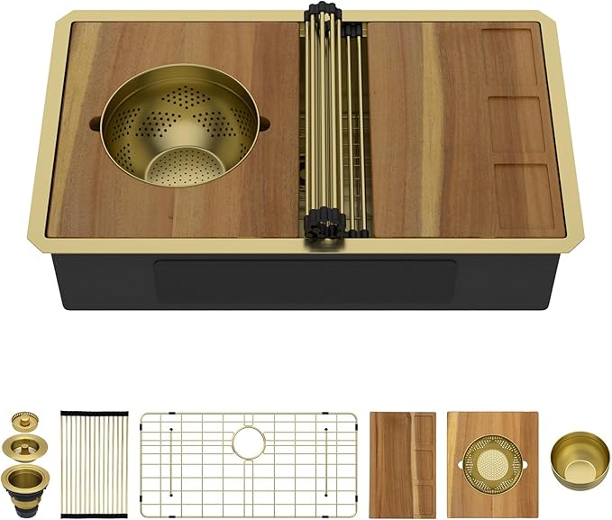32 Gold Undermount Kitchen Sink - Workstation All-In One 32x19 Gold 16 Gauge Stainless Steel Under Counter Single Bowl Sink for Kitchen with Mixing Board and Pasta Strainer #TLU-0049