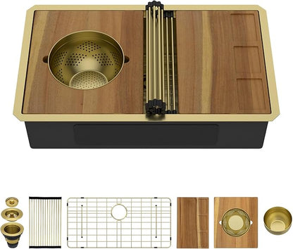 32 Gold Undermount Kitchen Sink - Workstation All-In One 32x19 Gold 16 Gauge Stainless Steel Under Counter Single Bowl Sink for Kitchen with Mixing Board and Pasta Strainer #TLU-0049