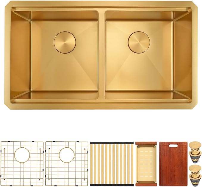 Gold Undermount Kitchen Sink 32 x 18 Inch, 50/50 Double Bowl Kitchen Sinks, 16 Gauge Stainless Steel Workstation Sink with Ledge & Accessories, 32" x 18" x 10" Large and Deep Gold Double Sink