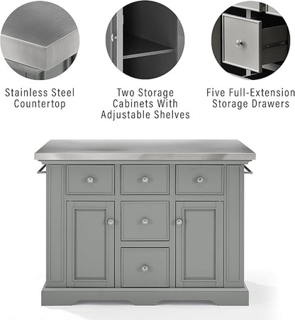 Crosley Furniture Julia Stainless Steel Top Kitchen Island with Storage Drawers, Shelves, and Spice Rack, Gray