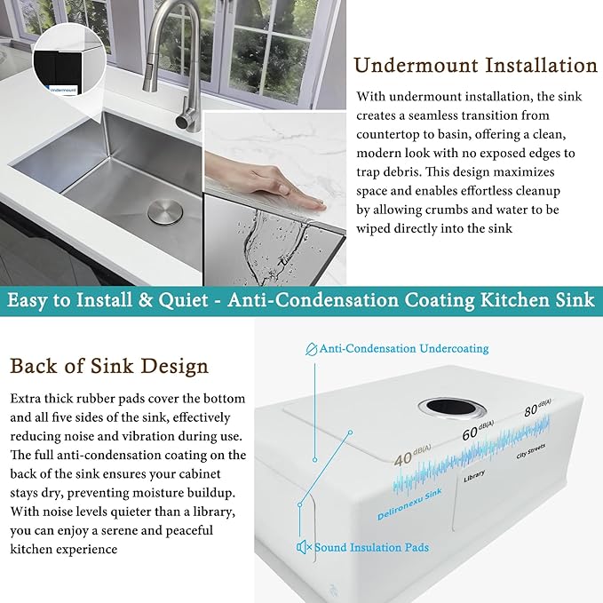 28 Inch Undermount Kitchen Sink, Delironexu 16 Gauge 304 Stainless Steel Kitchen Sink, 28" x 18" Single Bowl Undermount Sink with 4 Accessories: Bottom Grid, Roll-Up Rack, Drain & Towel
