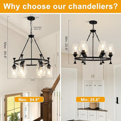 25" Farmhouse Chandelier, 6-Light Black Chandeliers for Dining Room Light Fixture Over Table with Clear Glass Shade, Industrial Hanging Pendant Lights for Kitchen Island Living Room Bedroom Entryway