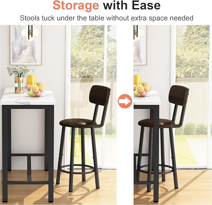 AWQM 3 Piece Bar Table Set of 2,39.3" Pub Bar Table and Chairs Set,Faux Marble Bar Height Table with 2 Backrest Stools,Small Dining Table for 2,Kitchen Table Set for Small Space,White & Brown(2 Set)
