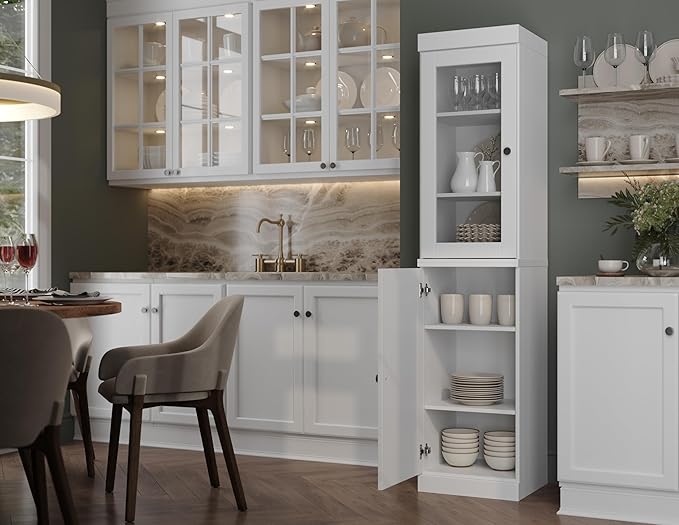 Palace Imports Solid Wood Kitchen Pantry - Narrow Storage Cabinet - 16.5" Wide x 71.5" Tall - 1 Raised Panel & 1 Glass Door, White, Adjustable Shelves, 100% Eco-Friendly Wood, Modular Cabinets