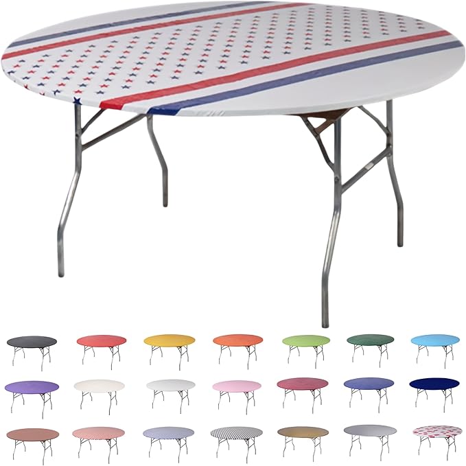 Kwik-Covers 10 Pack of Round Plastic Table Covers - 60" or 72" Round - Indoor or Outdoor Fitted Covers (Tables NOT Included) (Patriotic, 60" Round)
