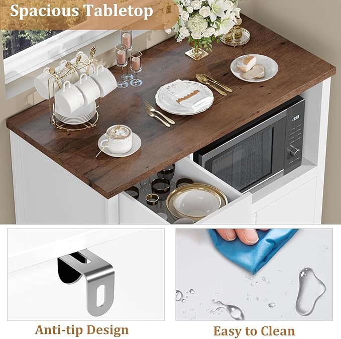 Storage Cabinet with Adjustable Shelves & Microwave Stand, Buffet Sideboard with Drawer, Single and Double Doors for Kitchen, Dining Room, White & Walnut