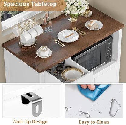 Storage Cabinet with Adjustable Shelves & Microwave Stand, Buffet Sideboard with Drawer, Single and Double Doors for Kitchen, Dining Room, White & Walnut