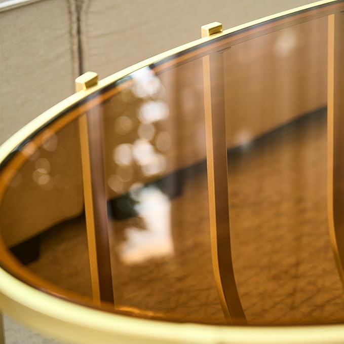 Saint Mossi Mid Century Modern Coffee Table, Glass Oavl Center Table for Living Room, Brown Glass Top and Walnut Shelf with Gold Finish Legs, D42xW23xH16