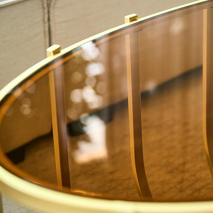 Saint Mossi Mid Century Modern Coffee Table, Glass Oavl Center Table for Living Room, Brown Glass Top and Walnut Shelf with Gold Finish Legs, D42xW23xH16