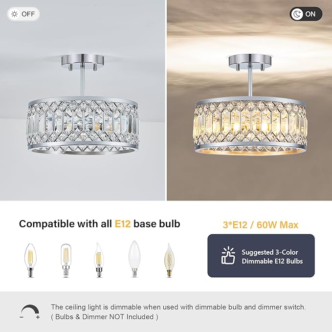 Pevfah Crystal Chrome Ceiling Light, Modern Semi Flush Mount Ceiling Lighting Fixture, Round Hallway Lighting Fixtures Chandelier for Kitchen Entryway Bedroom Dining Room, 3-Light, 12.2 Inch