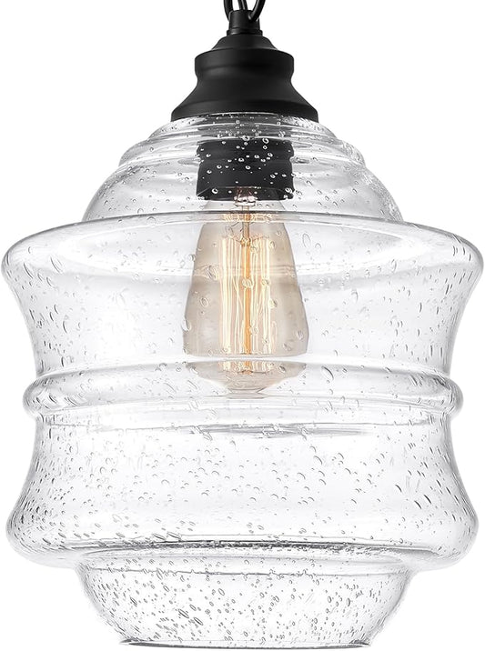 Seeded Glass Pendant Lights Black 10'' Farmhouse Ceiling Pendant Lighting Kitchen Island Large Industrial Oasis Clear Glass Island Hanging Light for Entryway Hallway Breakfast Dining Table