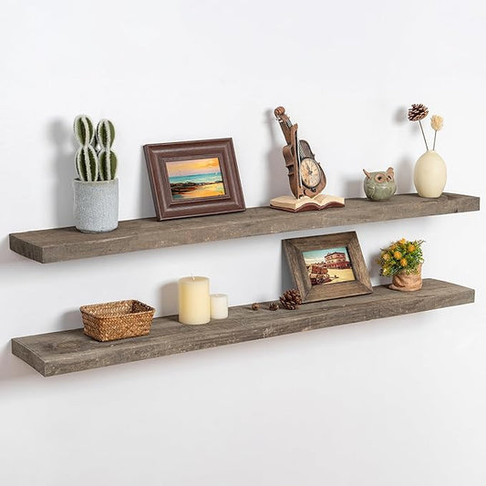 FLYJOE 48 Inch Fireplace Mantel Shelf - 8 Inch Deep Rustic Solid Reclaimed Wood Floating Shelf, Wall Mounted Farmhouse Display Shelf with Invisible Heavy Duty Metal Bracket, Set of 2, Cement Grey