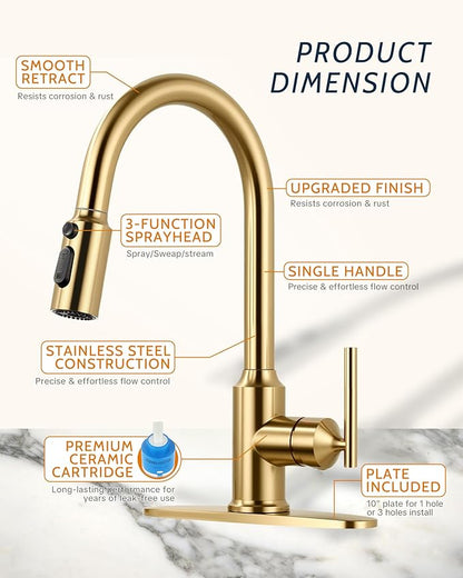 Gold Kitchen Faucet with Pull Down Sprayer: WOWOW High Arc Single Handle Classic Stainless Steel Sink Faucet 1 or 3 Hole,Kitchen Sink Faucet Suitable for Farmhouse Camper Laundry Rv Bar