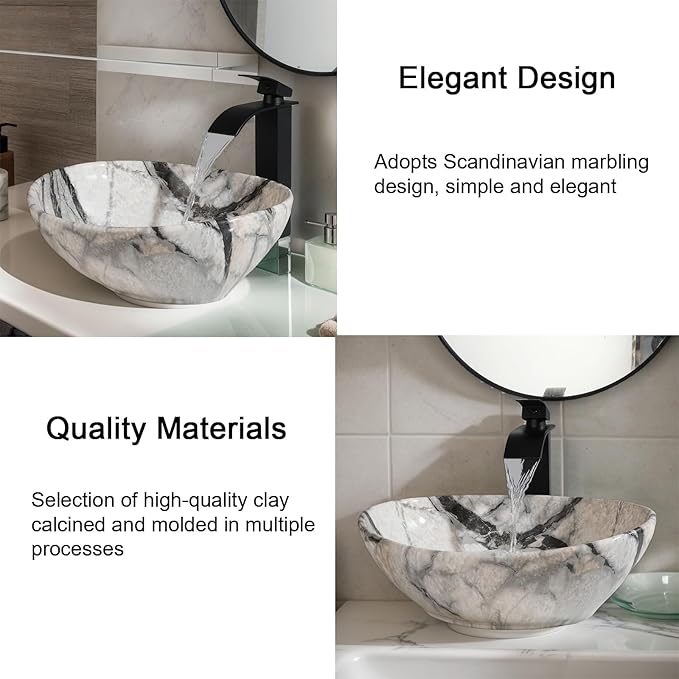 Oval Vessel Sink 16"x13" White Ceramic Bathroom Sink with Waterfall Faucet and Pop-up Drain Bowl Sink White Black Marble Bathroom Sinks Above Counter