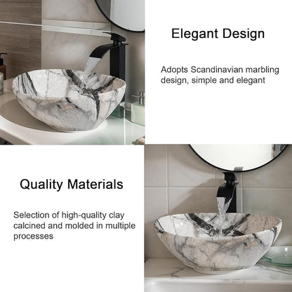 Oval Vessel Sink 16"x13" White Ceramic Bathroom Sink with Waterfall Faucet and Pop-up Drain Bowl Sink White Black Marble Bathroom Sinks Above Counter