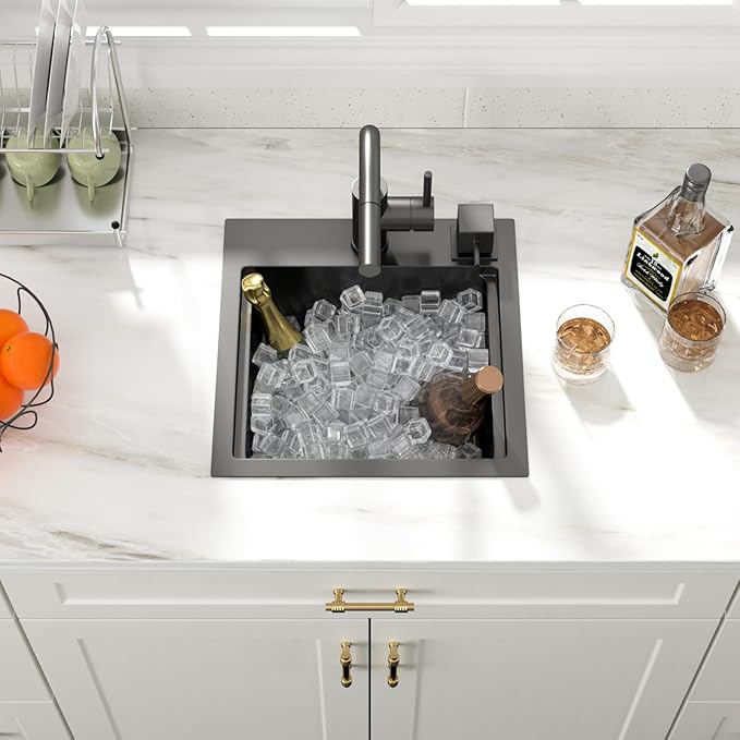 Outdoor Sink and Faucet 15 Inch Drop In Bar Sink Workstation 16 Gauge Stainless Steel Single Bowl Small Outdoor Kitchen Sink Basin With Pull-out Faucet 15x15x9 Inch