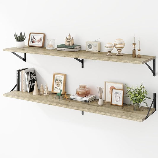 Acovy Deep Floating Shelves Wall Mounted, 55"x12" Gray Wall Shelves with Brackets Set of 2 for Bedroom, Living Room, Bathroom, Kitchen, Office - Storage & Display Shelf for Decor, Books, Plants
