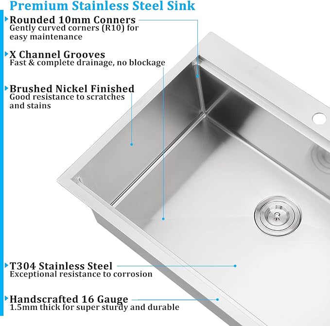 30 Inch Drop In Kitchen Sink, 30x22 Single Bowl Stainless Steel Kitchen Sink Drop in Workstation 16 Gauge Handmade with Cutting Board
