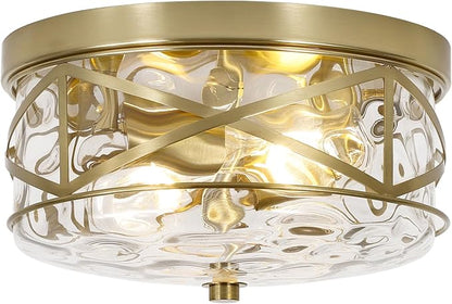 LamQee 9.8" Small Flush Mount Ceiling Light with Clear Hammered Glass, Brushed Gold Hallway Light Fixtures Ceiling Mount for Bathroom, 2-Lights Farmhouse Close to Ceiling Light Kitchen Foyer Bedroom