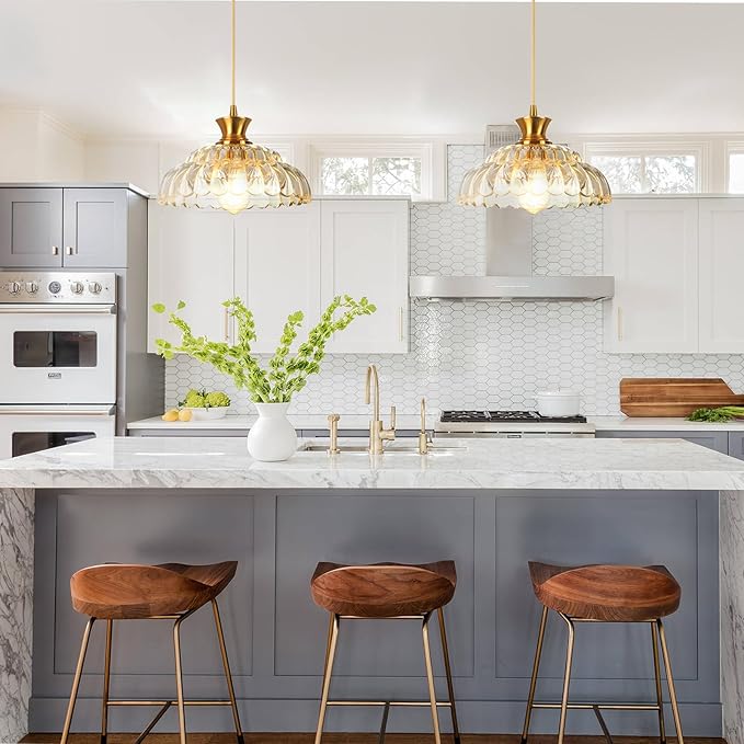2Pack Glass Pendant Lights Kitchen Island, 11.8" Vintage Lighting Glass Light Fixtures Brushed Gold Modern Chandelier Hanging Ceiling for Dining Living Room Restaurant Bedroom Foyer