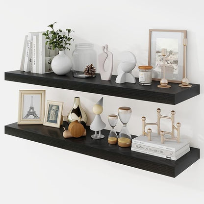 Acovy 36 Inch Floating Shelves, 9.3" Deep Floating Shelf Wall Mounted, 36" Wall Shelves, Rustic Deep Bookshelf, Large Display Shelves & Storage Shelves for Bedroom, Living Room, Black, Set of 2