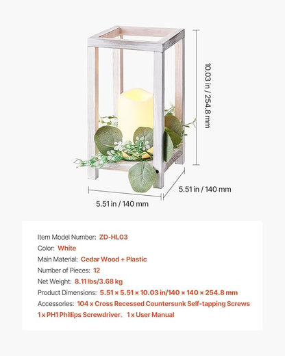 VEVOR 12 Set/36 Pcs Wooden Wedding Lantern Centerpiece, Includes 12 Wooden Lantern Candle Holder 12 Flameless LED Candle 12 Eucalyptus Leaves Wreath for Wedding Table Party Farmhouse Decor, White