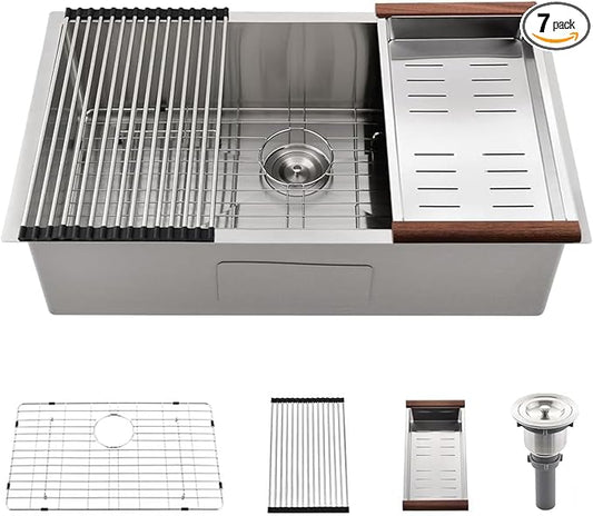 33 Inch Undermount Kitchen Sink-Bokaiya 33x19 Stainless Steel Undermount Sink 18 Gauge 10" Deep Single Bowl Basin with Colander&Drain