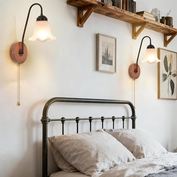 Vintage Pull Chain Wall Sconce Light with Switch Black Wall Lights Fixture Retro E26 Industrial Farmhouse Wall Lamp Hard Wired Sconces Lighting for Mirror Bedroom Bathroom Hallway