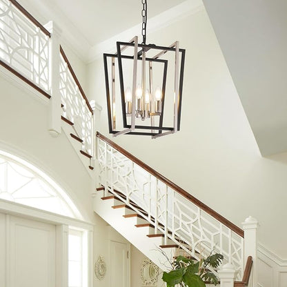WJShome 4-Light Modern Chandelier, Farmhouse Dining Room Light Fixture Hanging Pendant Lights Kitchen Island, Black and Silver Lantern Pendant Light, Adjustable Height Entryway Chandeliers
