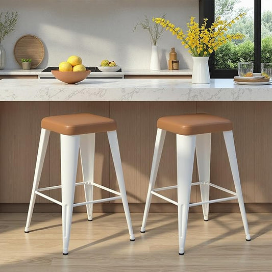 Backless Bar Stools Set of 2, Upholstered Faux Leather Counter Height Stools with Sturdy Metal Legs, 30 Inch Barstools for Kitchen Island (Brown)