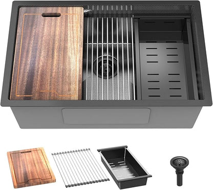 30inch Kitchen Sink Undermount Metal Black - Feibus 30x19x10 with Double Step Workstation 16 Gauge Honeycomb Embossment Stainless Steel Single Bowl