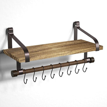 Love-KANKEI Floating Shelf Wall Shelf for Storage Rustic Wood Kitchen Spice Rack with Towel Bar and 8 Removable Hooks for Organize Cooking Utensils or Mugs Carbonized Black/Brown Brackets