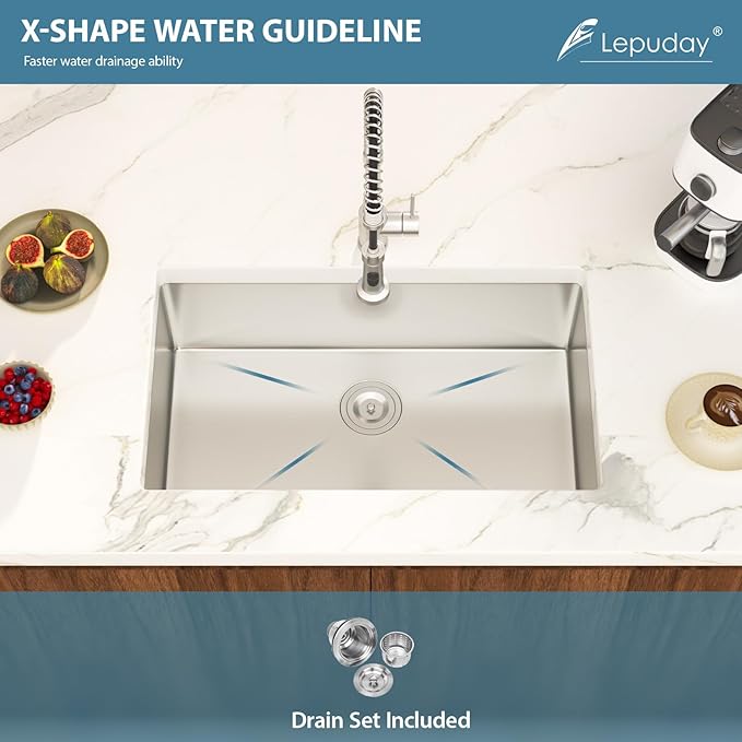 30 Inch Undermount Kitchen Sink Single Bowl 18 Guage Stainless Steel 30"x18"x9" Deep Under Counter Kitchen Sinks Basin R10 Round Corners Handmade Sink