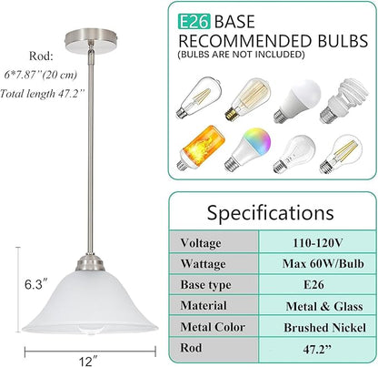Modern Alabaster Glass Pendant Light Adjustable Rod Pendant Lighting Fixture for Kitchen Sink Bar Dining Room, 12“D (Brushed Nickel)