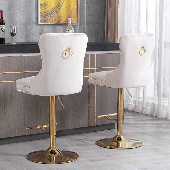 Set of 2 Velvet Bar Stools Swivel Dining Barstools with Adjustable Height 25-33 Inch Gold Bar Stools for Kitchen Island Counter Thick Swivel Velvet Barstools Counter Height Stools Beige
